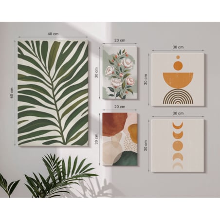 Zestaw 5 obrazów na płótnie - Roślinne wzory boho kształty - zielony