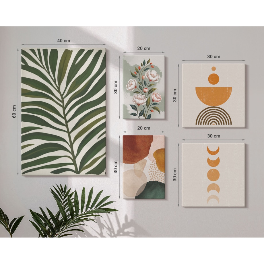 Zestaw 5 obrazów na płótnie - Roślinne wzory boho kształty - zielony
