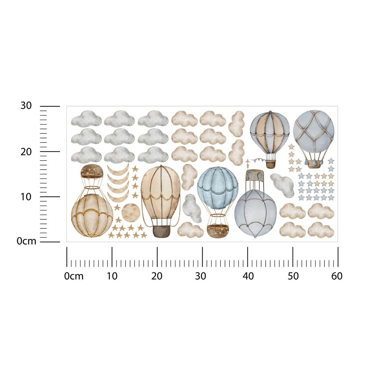 Naklejki Na Ścianę Dla Dzieci Balony Chmury Gwiazdy Księżyce Boho ZESTAW 60x30cm