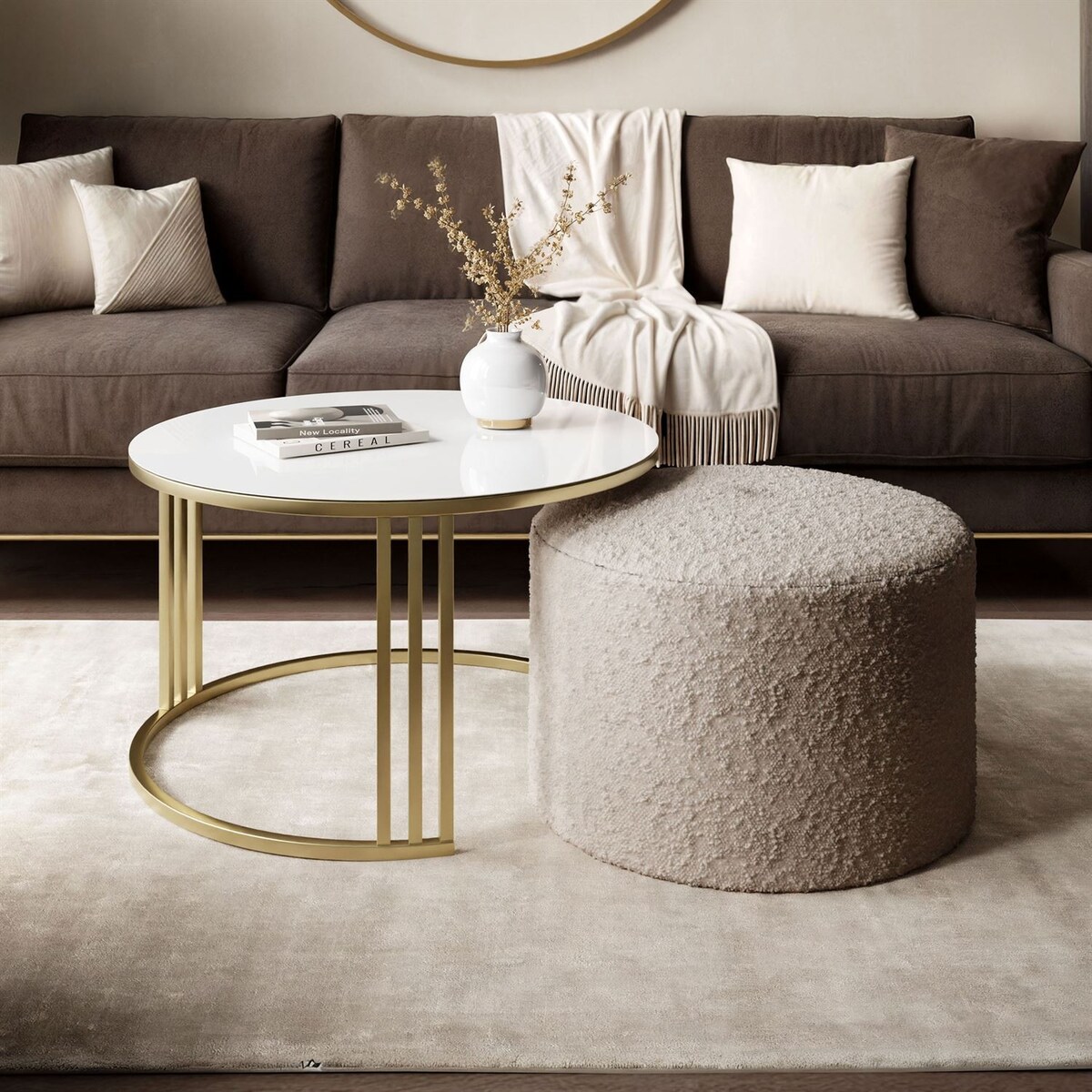 Stolik kawowy z pufą LORI GLASS złoto szczotkowane, białe szkło / Coral 50