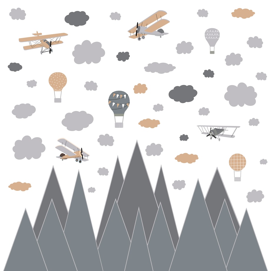 NAKLEJKI NA ŚCIANĘ DLA DZIECI GRAFITOWE GÓRY SAMOLOTY BALONY VINTAGE ZESTAW