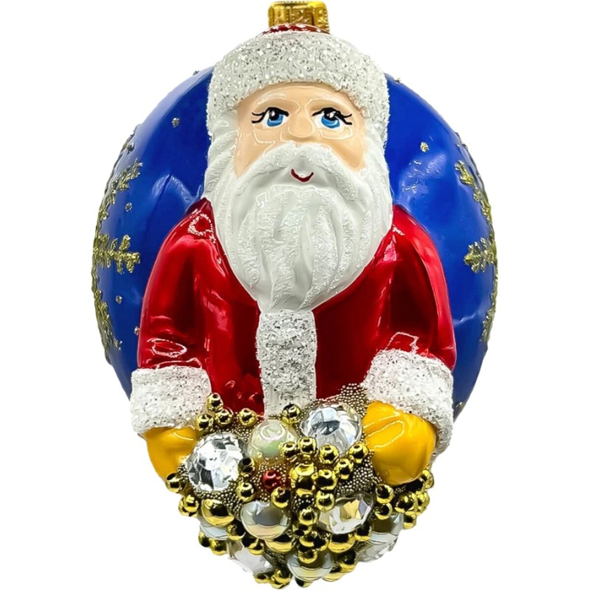 Bombka choinkowa: Święty Mikołaj na niebieskiej bombce z zimowymi zdobieniami