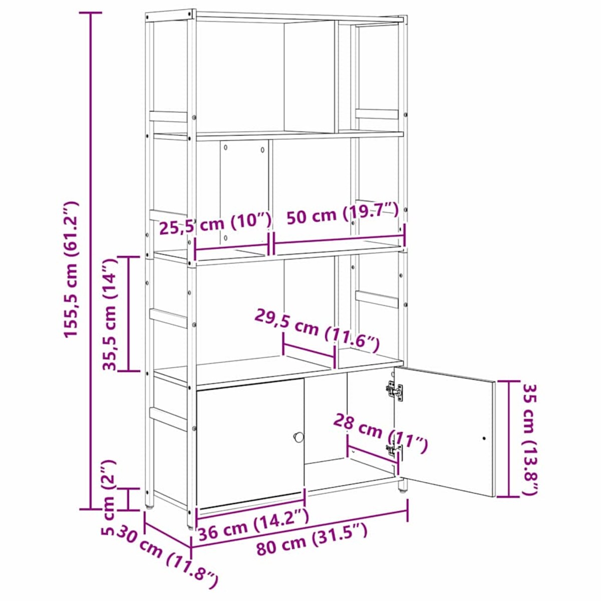 vidaXL Półka na książki Szary dąb sonoma 80 x 30 x 155.5 cm