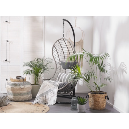 Fotel wiszący ze stojakiem z technorattanu szary PINETO