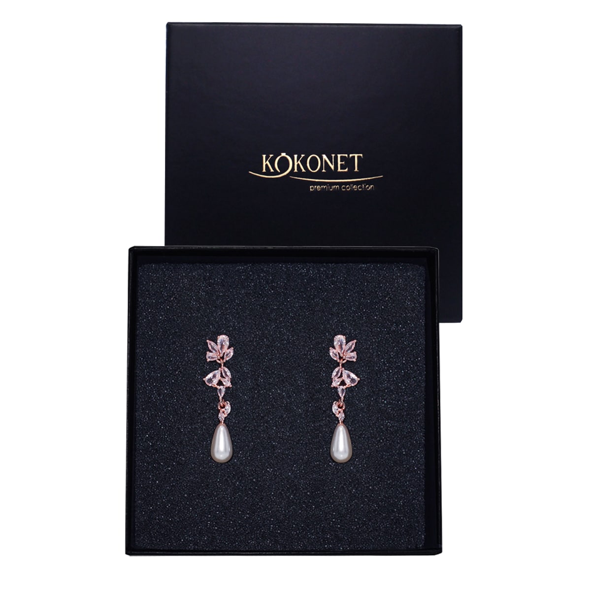 Kolczyki ślubne rose gold z PERŁAMI wiszące lekkie łezki listki na sztyft gratis