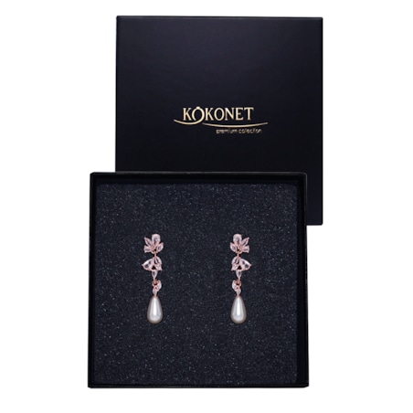 Kolczyki ślubne rose gold z PERŁAMI wiszące lekkie łezki listki na sztyft gratis