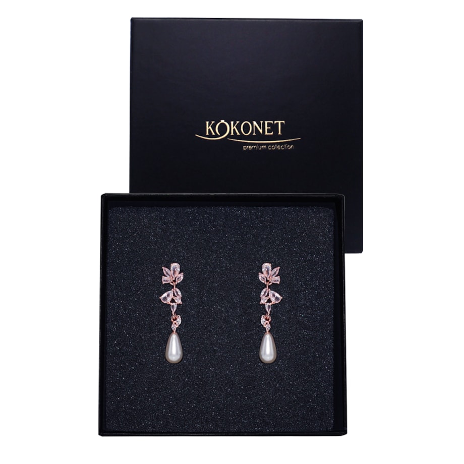 Kolczyki ślubne rose gold z PERŁAMI wiszące lekkie łezki listki na sztyft gratis