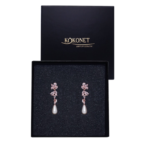 Kolczyki ślubne rose gold z PERŁAMI wiszące lekkie łezki listki na sztyft gratis