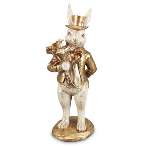 Figurka - królik 49,5x19x16,5 cm PAKO-4 w złotej kamizelce, z kwiatami