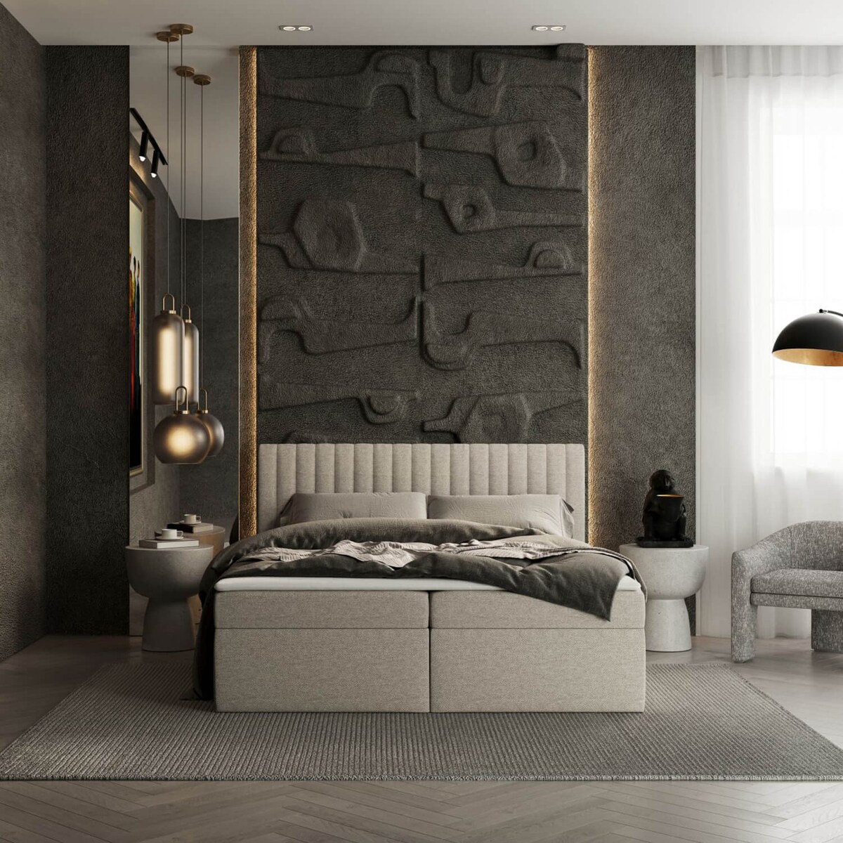 Łóżko tapicerowane MALDON 140x200 z pojemnikiem, Jasny Beż, tkanina Megan 353