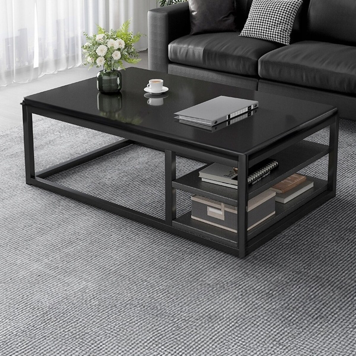 STOLIK KAWOWY NOWOCZESNY ŁAWA Z PÓŁKAMI POKÓJ SALON DUŻY CZARNY LOFT 120 CM