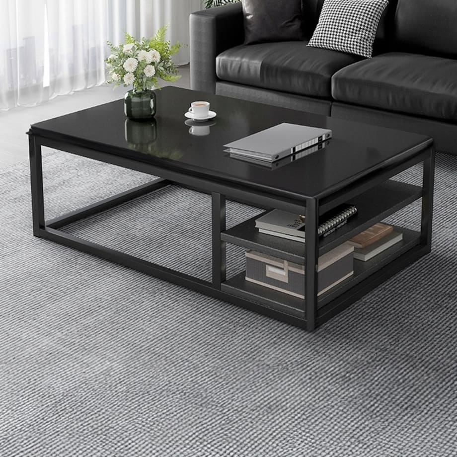 STOLIK KAWOWY NOWOCZESNY ŁAWA Z PÓŁKAMI POKÓJ SALON DUŻY CZARNY LOFT 120 CM