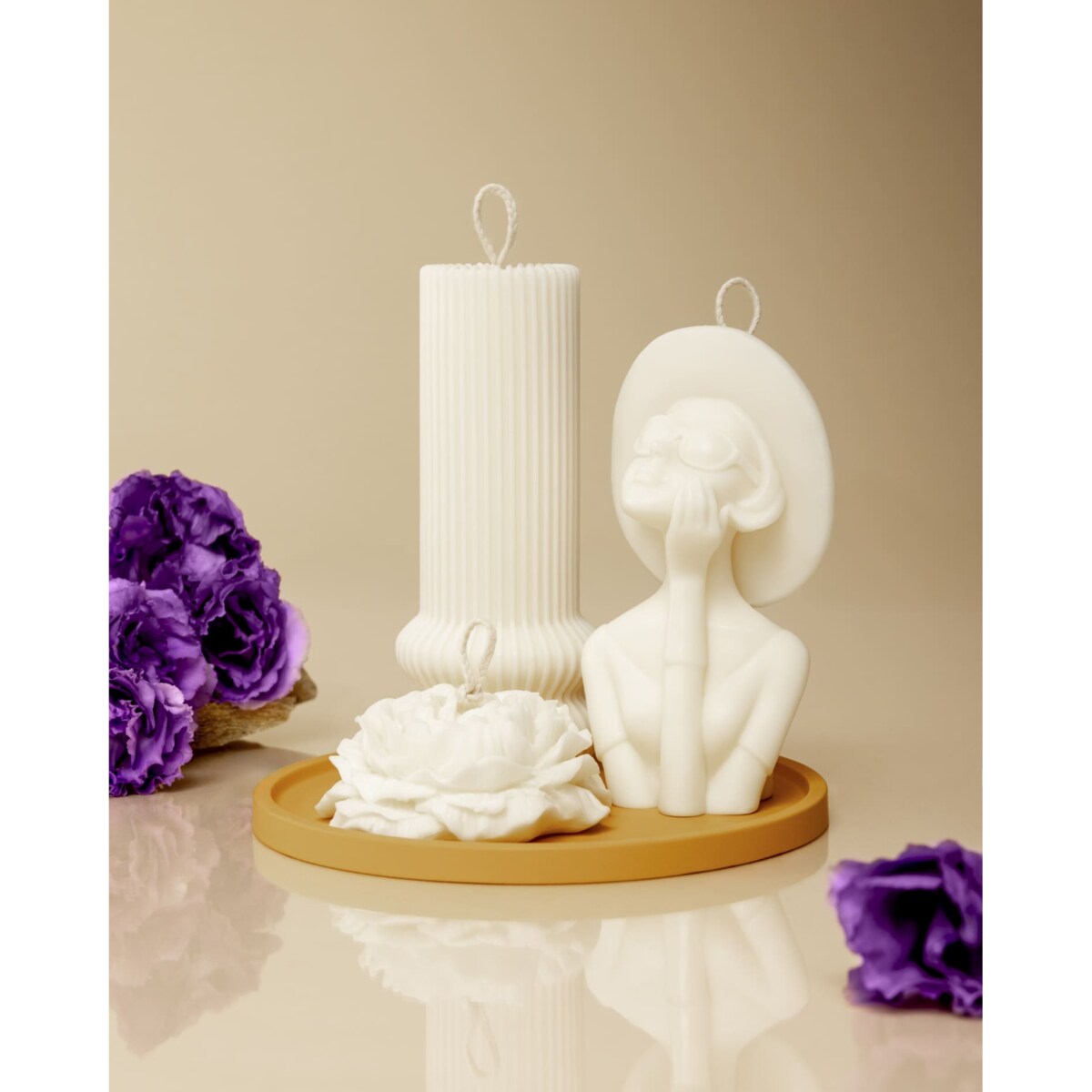 Zestaw eleganckich świec dekoracyjnych z tacą – wyjątkowy prezent dla kobiet + torba prezentowa GRATIS