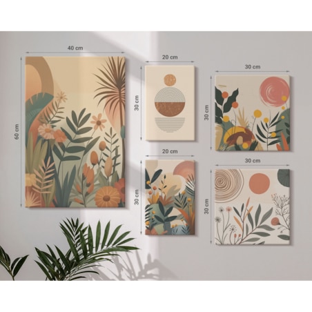 Zestaw 5 obrazów na płótnie - Roślinne motywy boho abstrakcja - brązowy