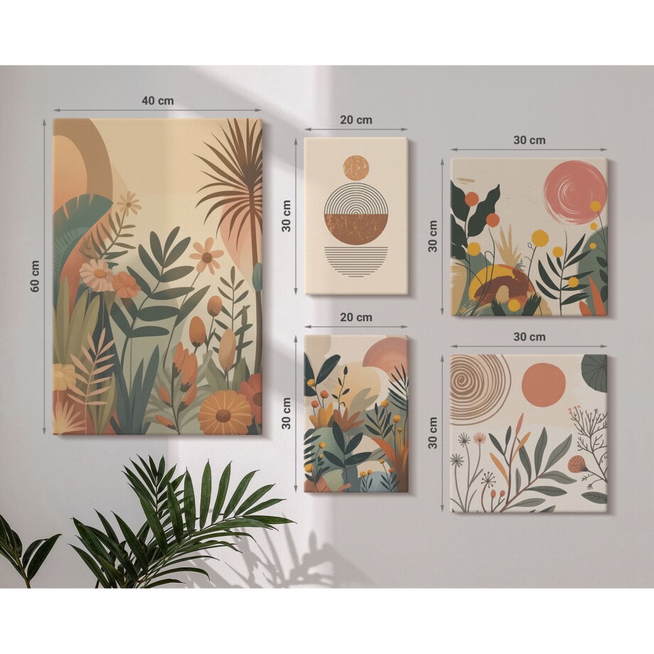 Zestaw 5 obrazów na płótnie - Roślinne motywy boho abstrakcja - brązowy