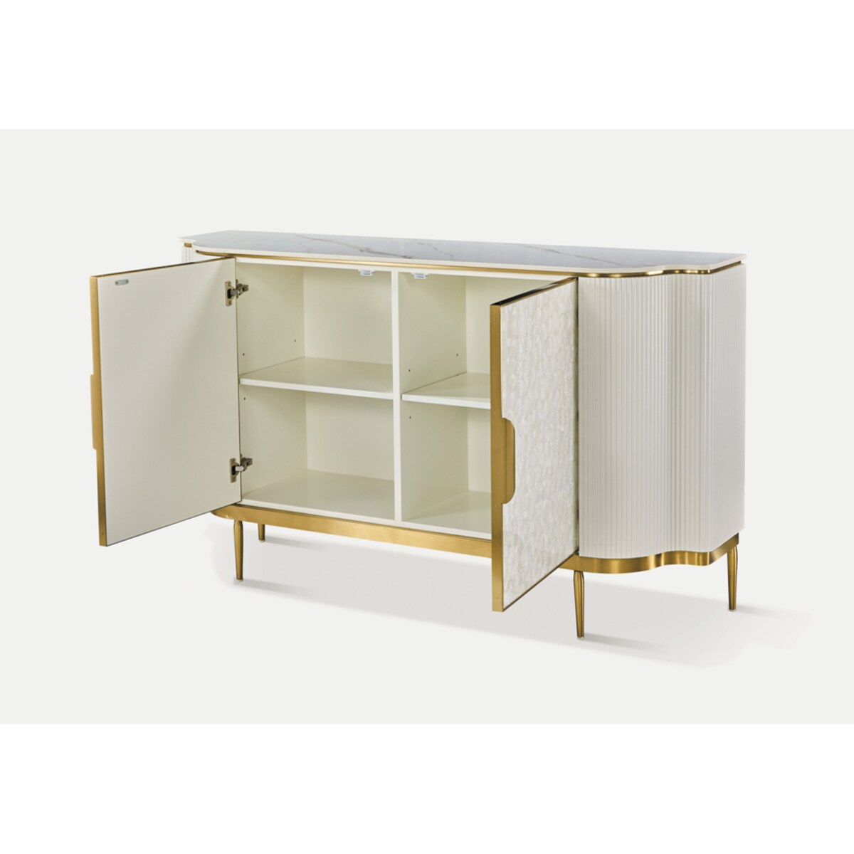 Komoda ryflowana jasno-złota Champion Glamour Premium z muszelkami 150x40x88