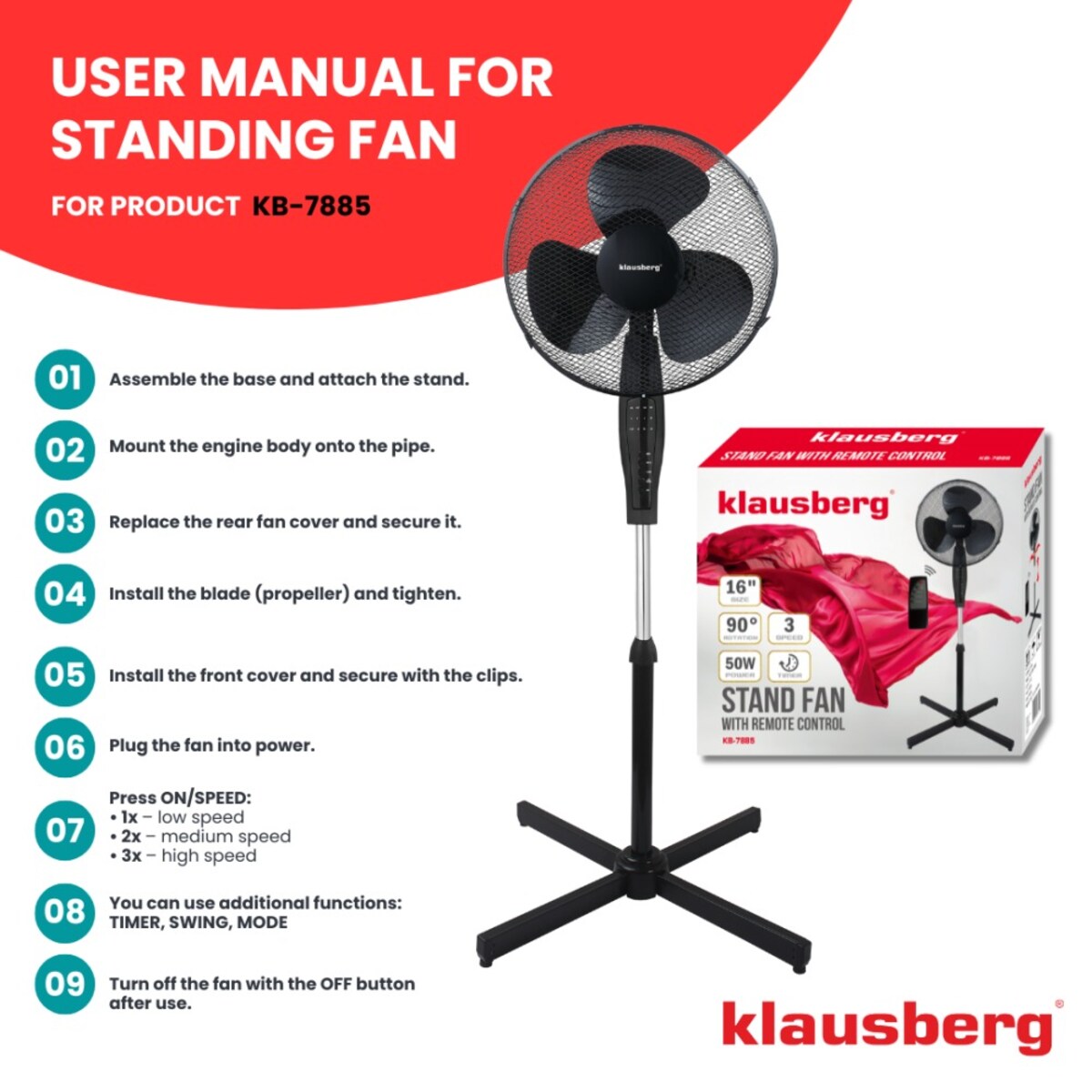 Wentylator podłogowy z pilotem i timerem 40cm 50W KLAUSBERG
