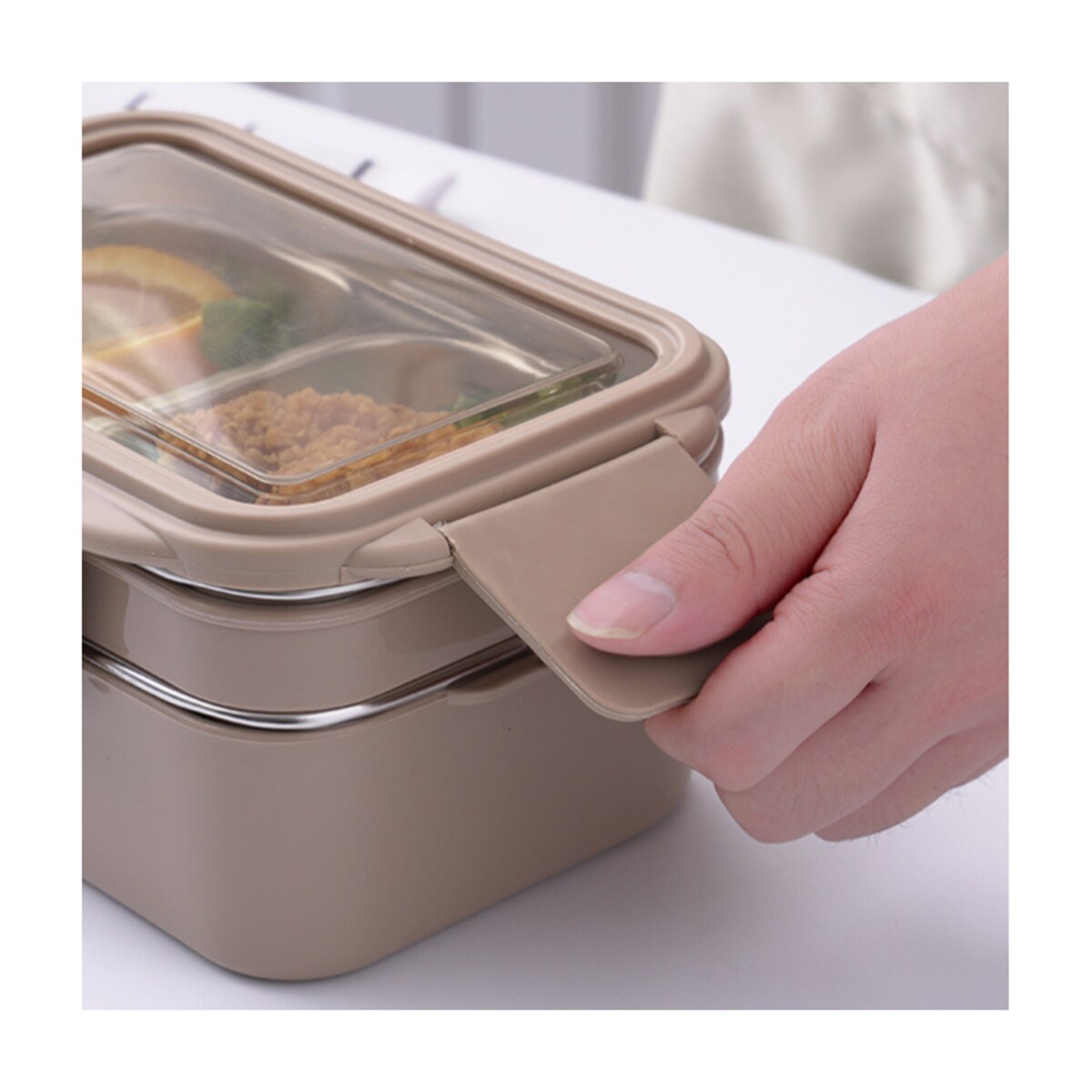 Śniadaniówka LUNCH BOX z widelcem, stal nierdzewna, 2 poziomy, kremowy PJM50K