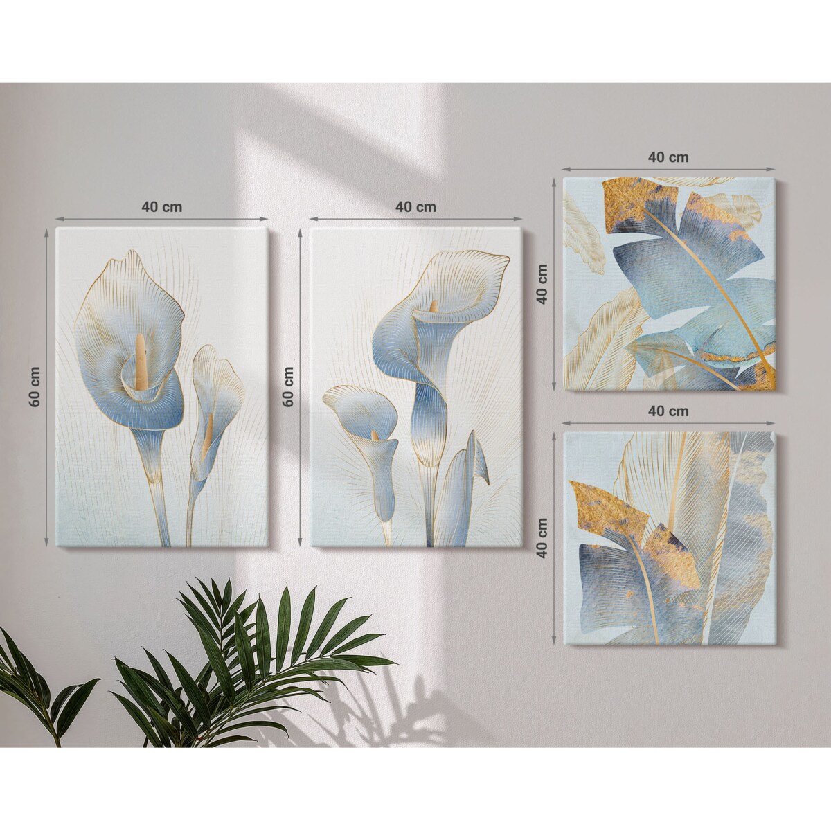 Zestaw 4 obrazów na płótnie - Błękitne kwiaty na tle glamour - niebieski