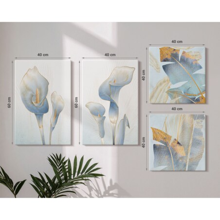 Zestaw 4 obrazów na płótnie - Błękitne kwiaty na tle glamour - niebieski