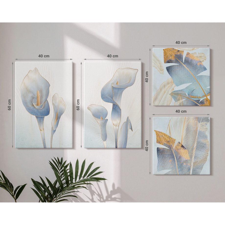 Zestaw 4 obrazów na płótnie - Błękitne kwiaty na tle glamour - niebieski