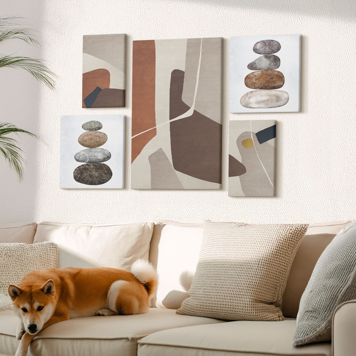 Zestaw 5 obrazów na płótnie - Abstrakcyjna boho sztuka nowa - brązowy