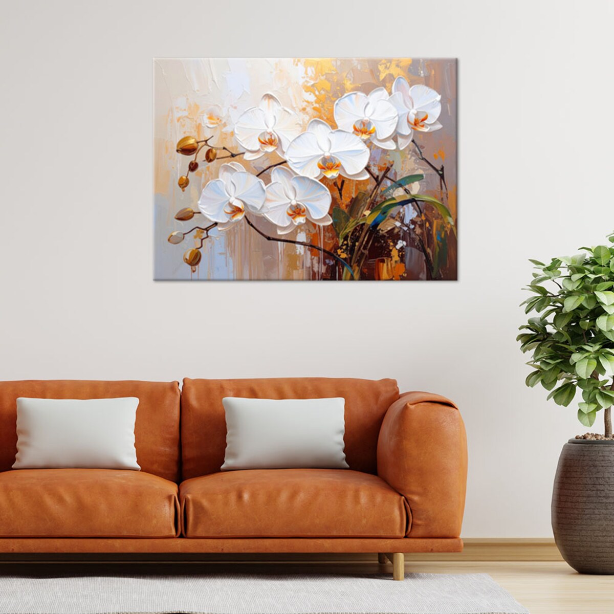 Feeby Obraz, Białe Kwiaty Orchideii na abstrakcyjnym beżowym tle 60x40