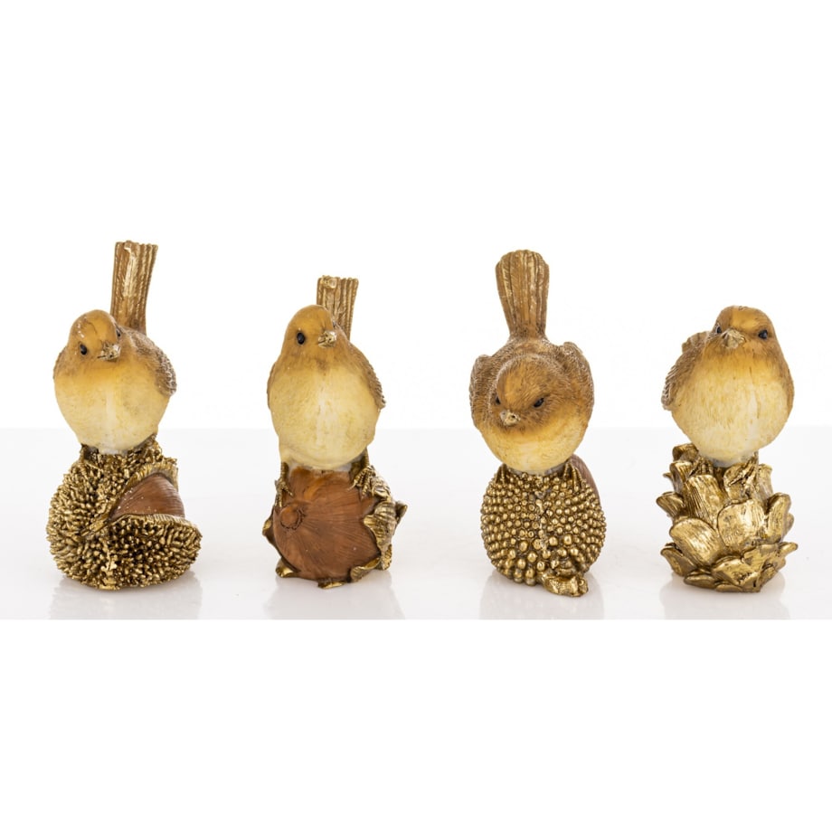 Figurki 4 ptaszków siedzących na szyszce, kasztanie, orzechu i żołędziu 7,5x6,5x4 cm
