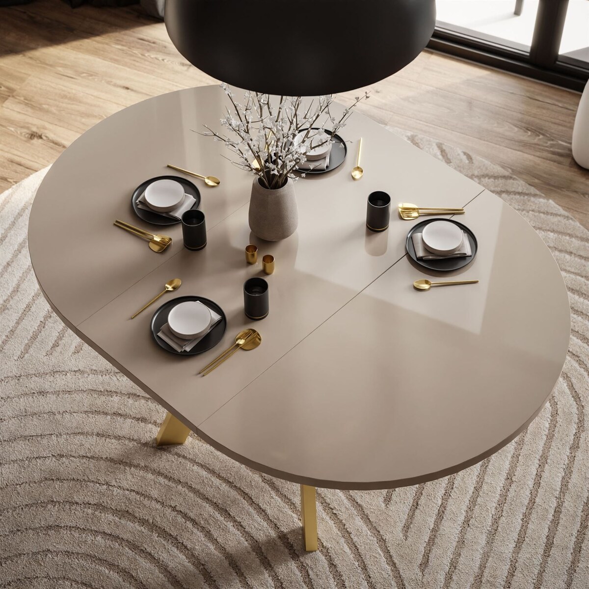 Okrągły stół rozkładany VOLTA GLOSS, nogi złote, blat kaszmir