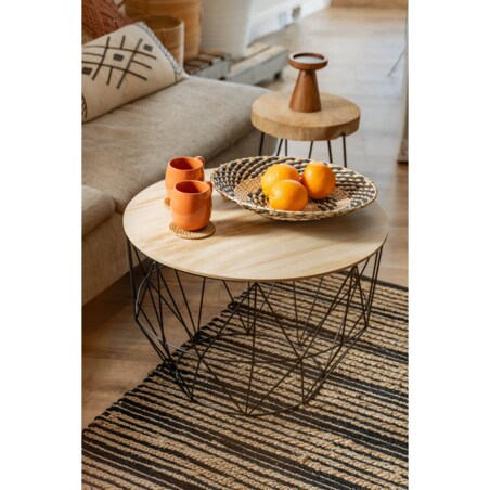 Stolik kawowy okrągły w stylu loft, z drewnianym blatem