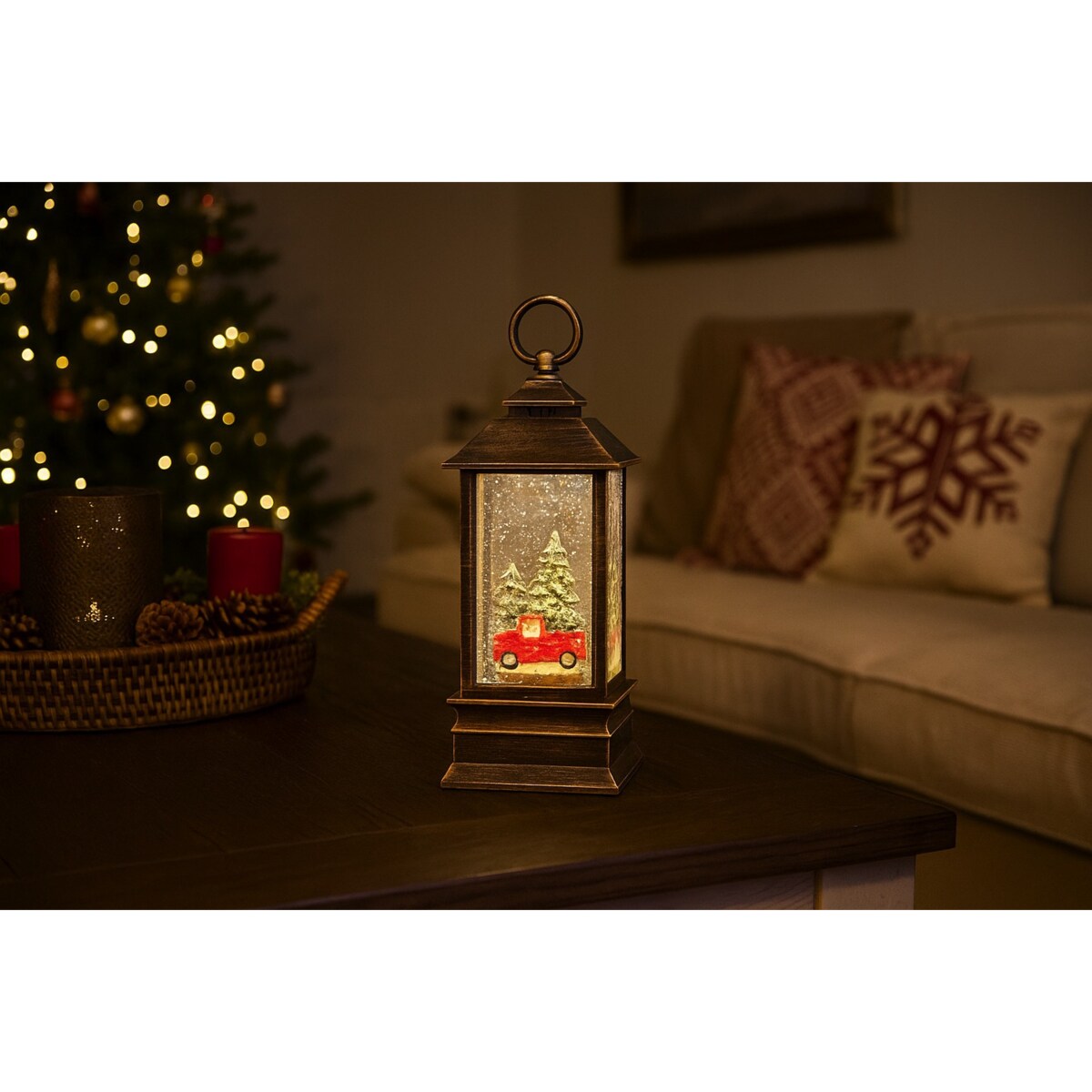 Dekoracyjny lampion świąteczny LED z wodą i brokatem, 23 cm