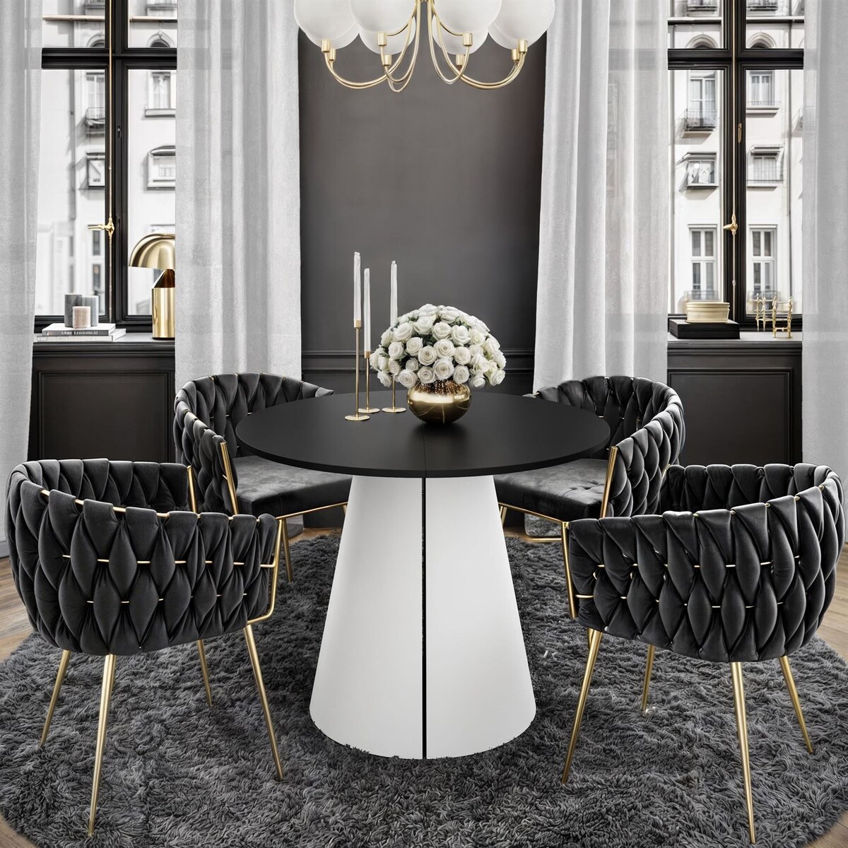 Okrągły stół rozkładany LAVA, średnica 100cm, biały / czarny mat