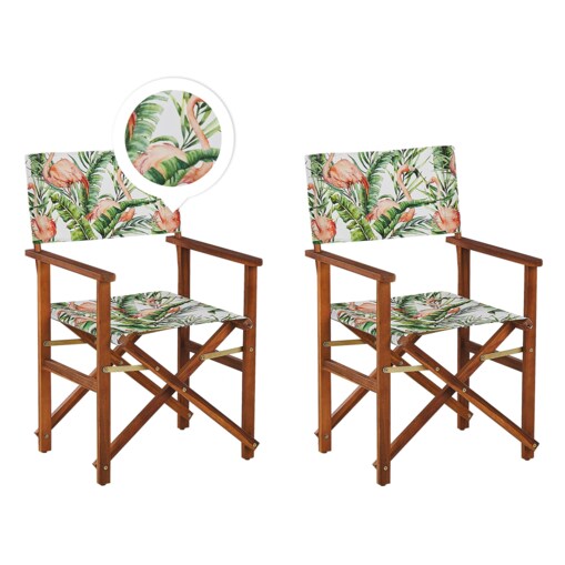 Zestaw 2 krzeseł ogrodowych akacjowy ciemne drewno z szarym / wzór we flamingi CINE