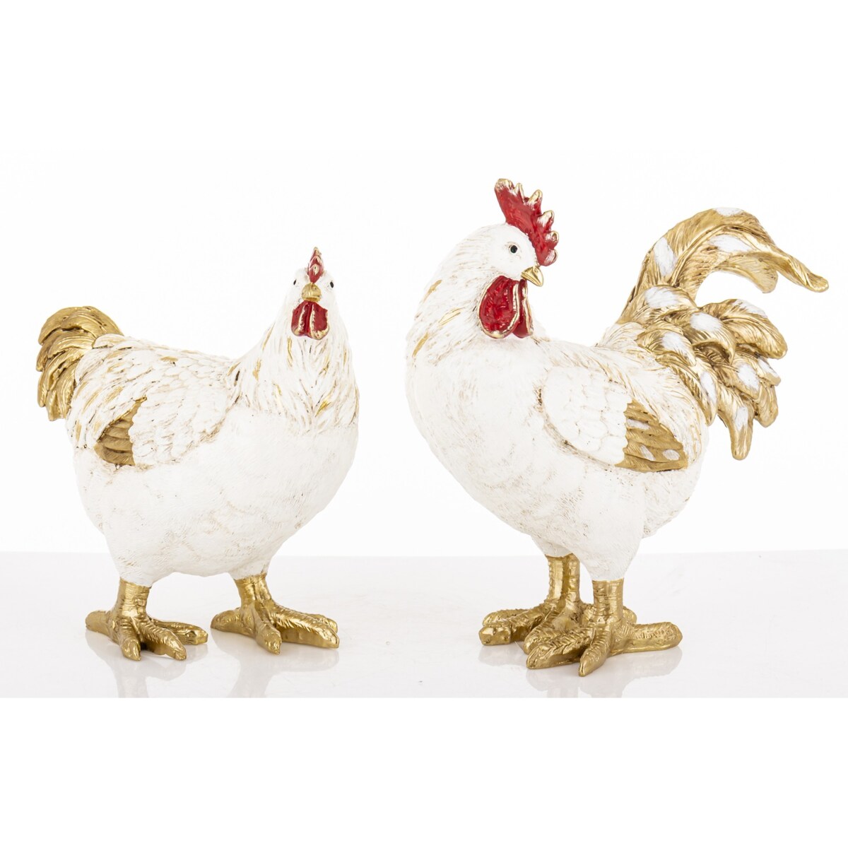 Dekoracja - kolorowa KOGUT i KURA 26x20x10,5 i 22x20x10 cm PLOMFEE biało-złota para