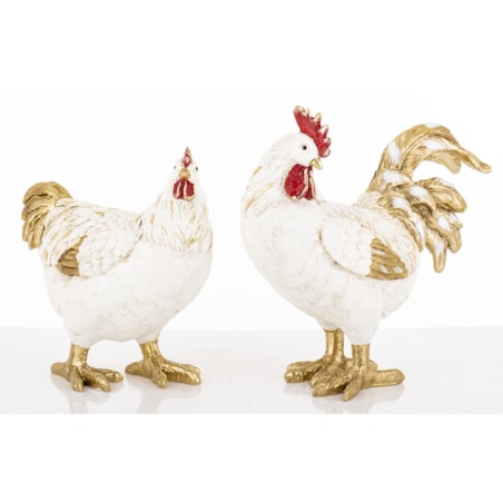 Dekoracja - kolorowa KOGUT i KURA 26x20x10,5 i 22x20x10 cm PLOMFEE biało-złota para