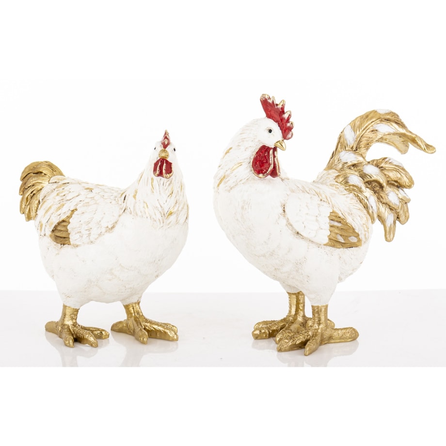 Dekoracja - kolorowa KOGUT i KURA 26x20x10,5 i 22x20x10 cm PLOMFEE biało-złota para