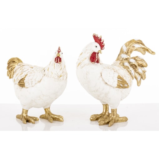 Dekoracja - kolorowa KOGUT i KURA 26x20x10,5 i 22x20x10 cm PLOMFEE biało-złota para