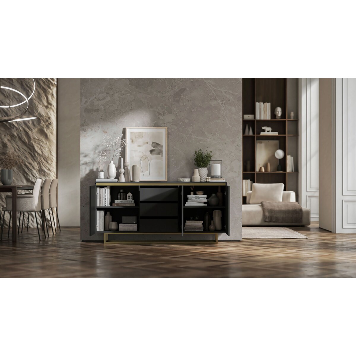 Komoda Glamour Szafka RTV Czarny MAT ryflowane fronty złote akcenty 166,8 cm