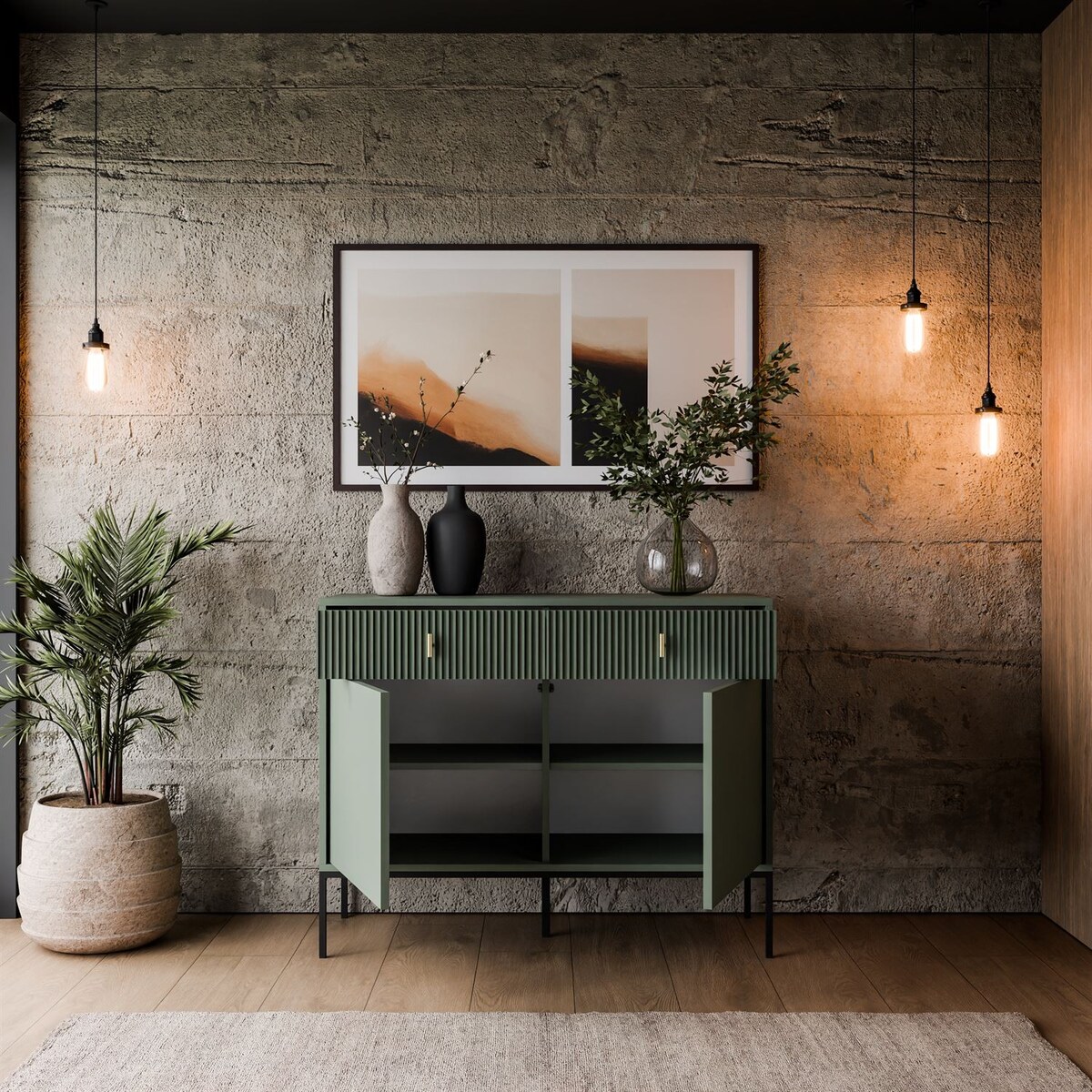 Komoda MIDNIGHT 2D2S z dwiema szufladami na stelażu, zielona