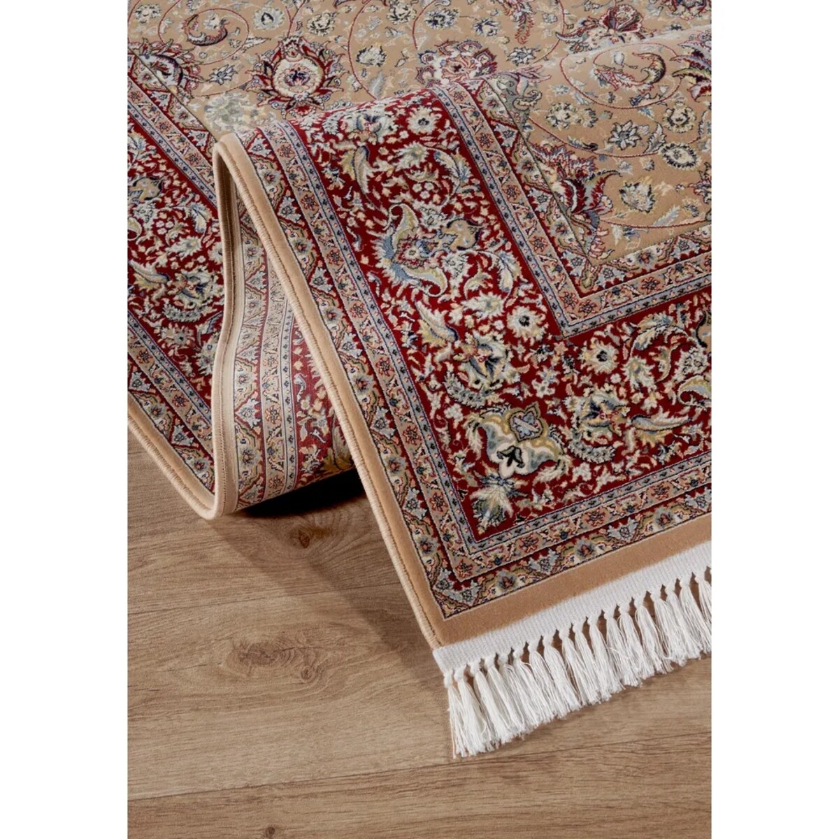Dywan tradycyjny do salonu 155x235cm,klasyczny beżowo czerwony z frędzlami