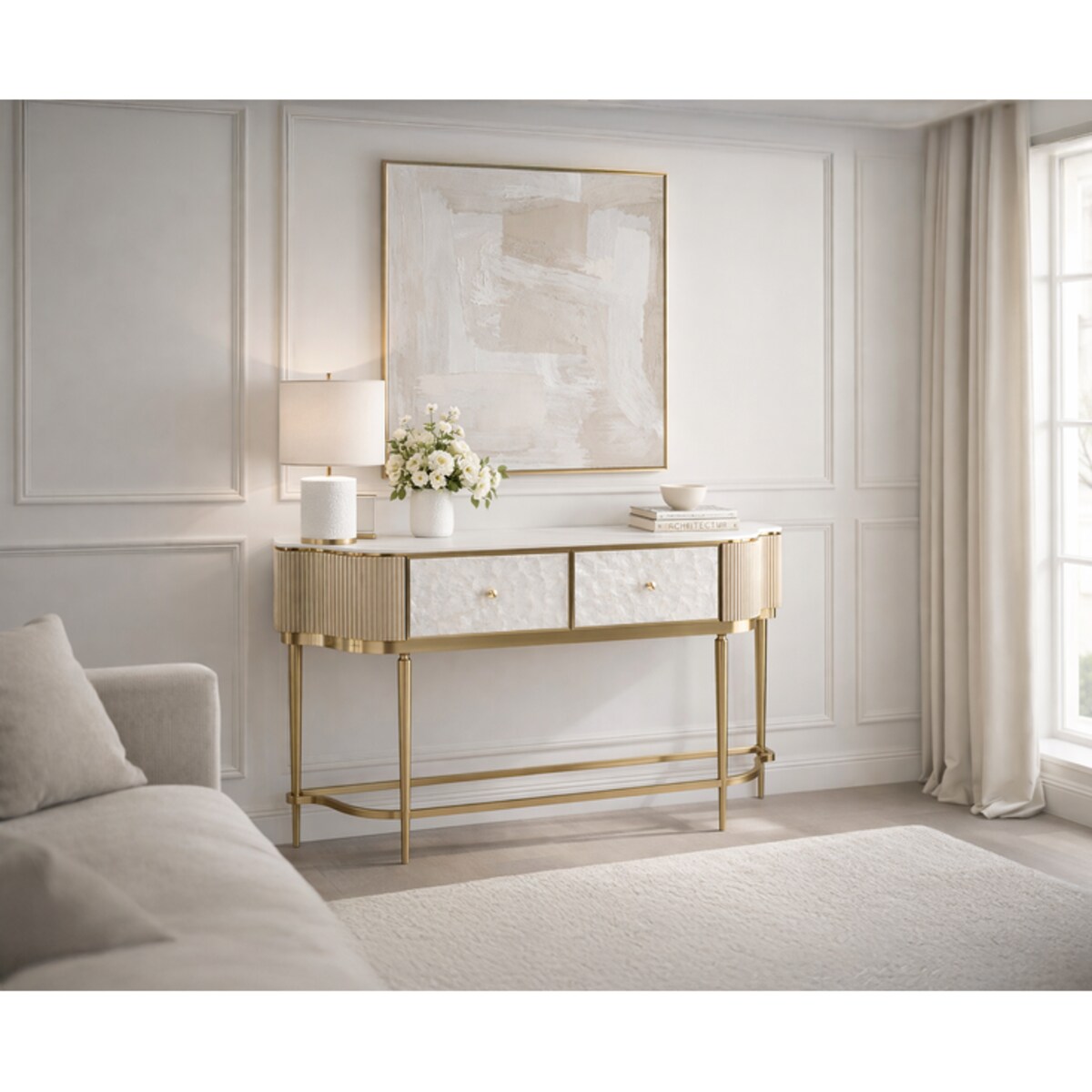 Złota konsola glamour Champion z prawdziwymi muszlami 140x35x86