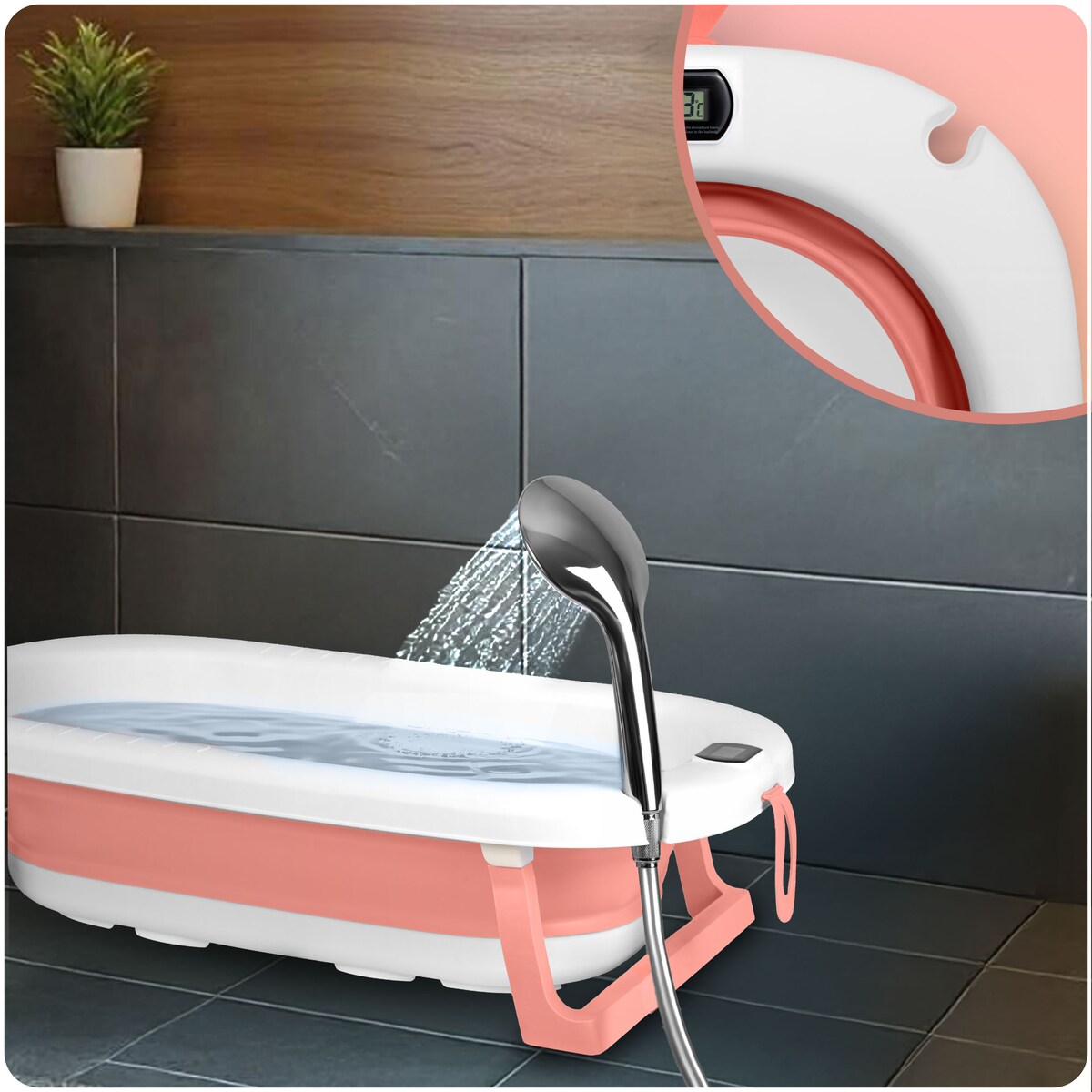 Wanienka składana dla dziecka niemowląt Ricokids silikonowa termometr LCD biało-różowa