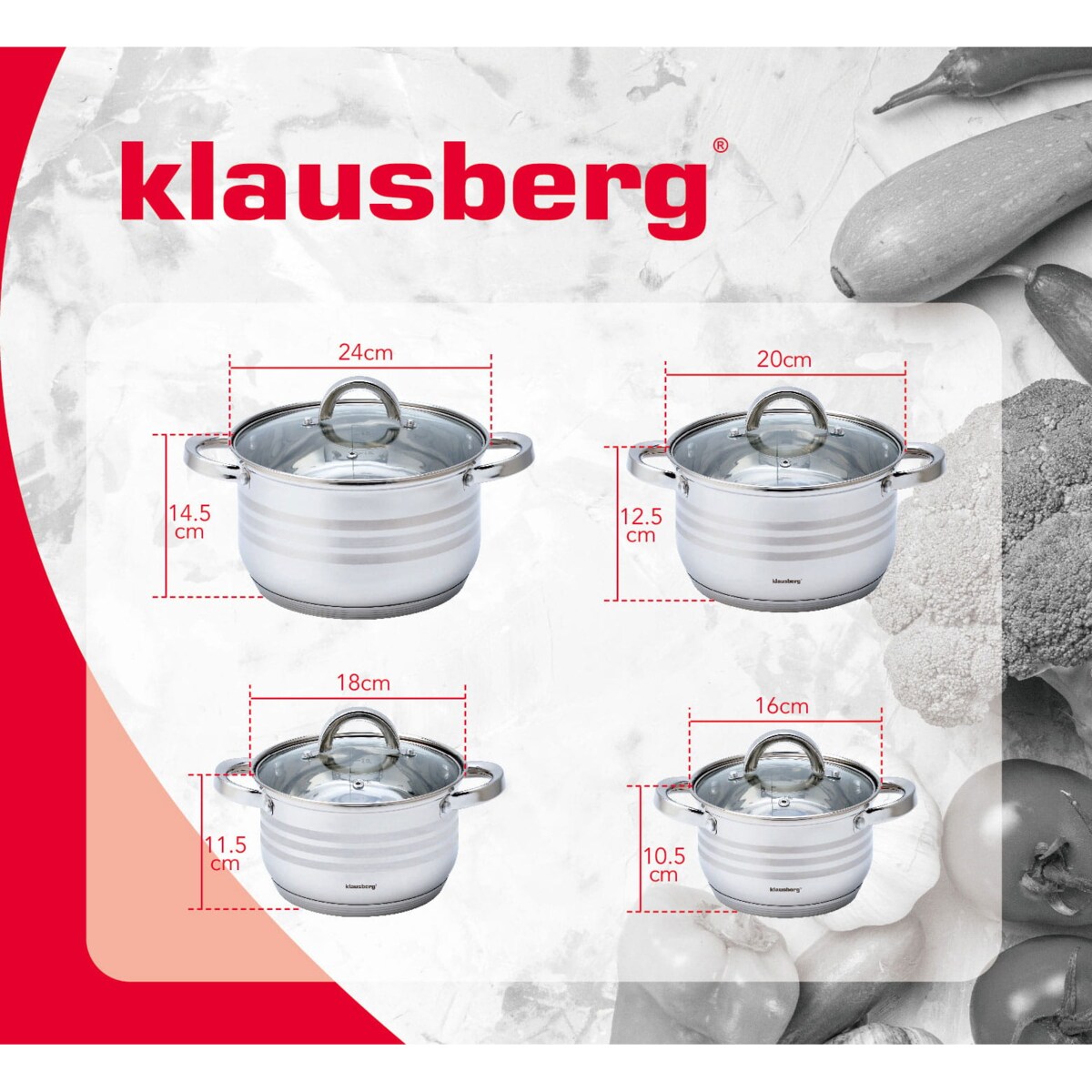 Zestaw garnków stalowych 8 ele. 2.1/2.9/3.9/6.6L KLAUSBERG