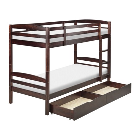 Łóżko piętrowe z szufladami drewniane 90 x 200 cm ciemne REGAT