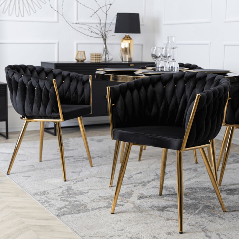 Krzesło Tapicerowane Glamour CAPI Plecione Czarne Do Salonu