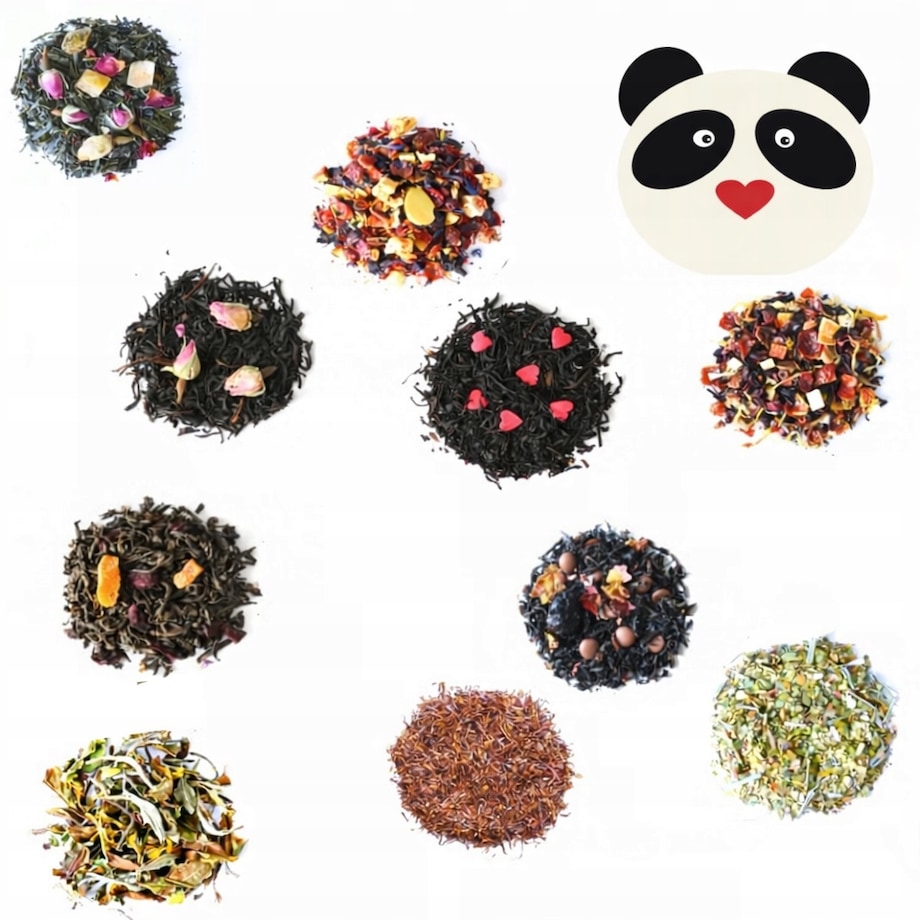 Zestaw prezentowy upominkowy "PANDA LOVE" - 10 smaków herbat sypanych + zaparzacz - prezent upominek na walentynki dla chłopaka dziewczyny niej niego żony męża kobiety faceta mężczyzny narzeczonej