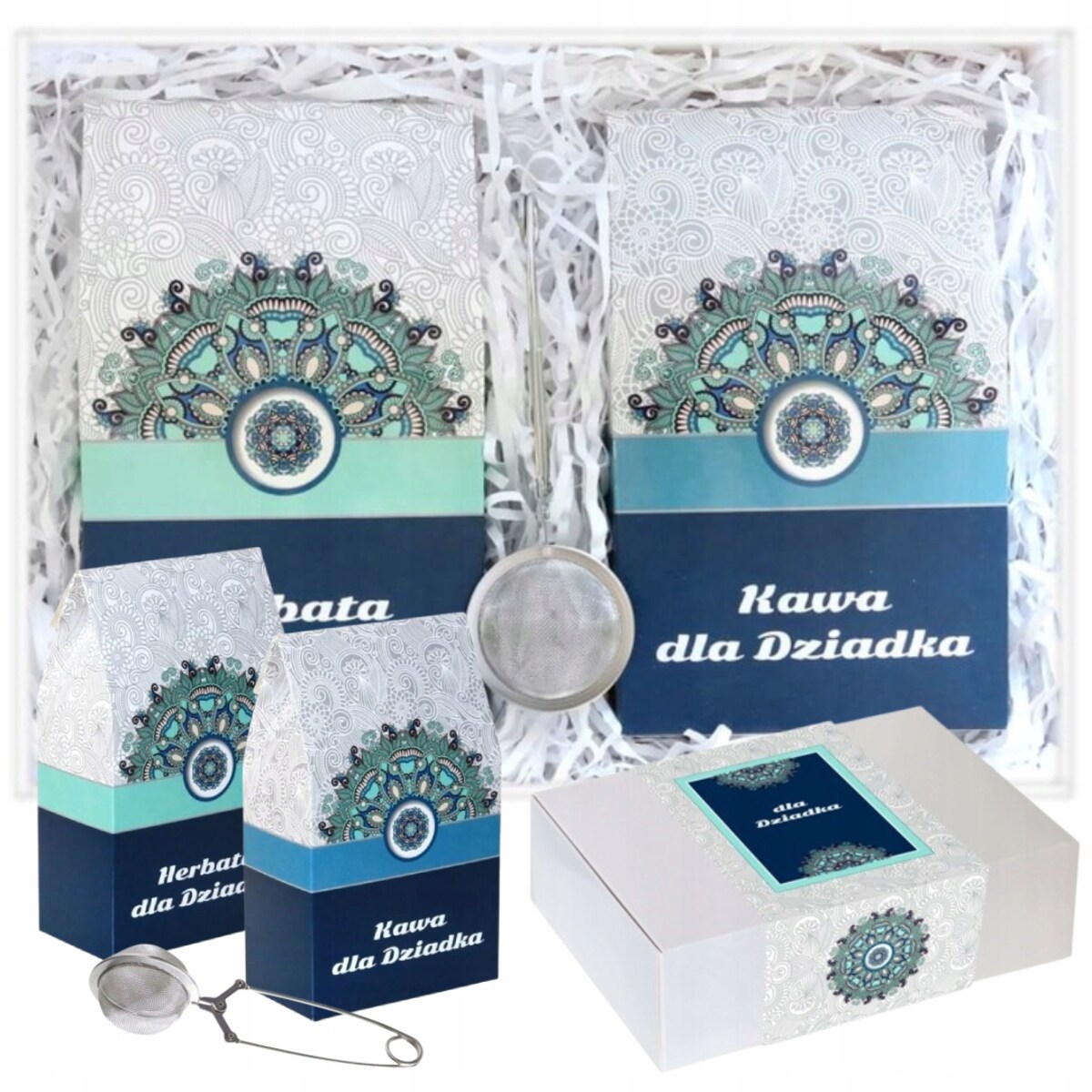 Duży BOX kosz prezentowy dla DZIADKA na urodziny kawa herbata zaparzacz