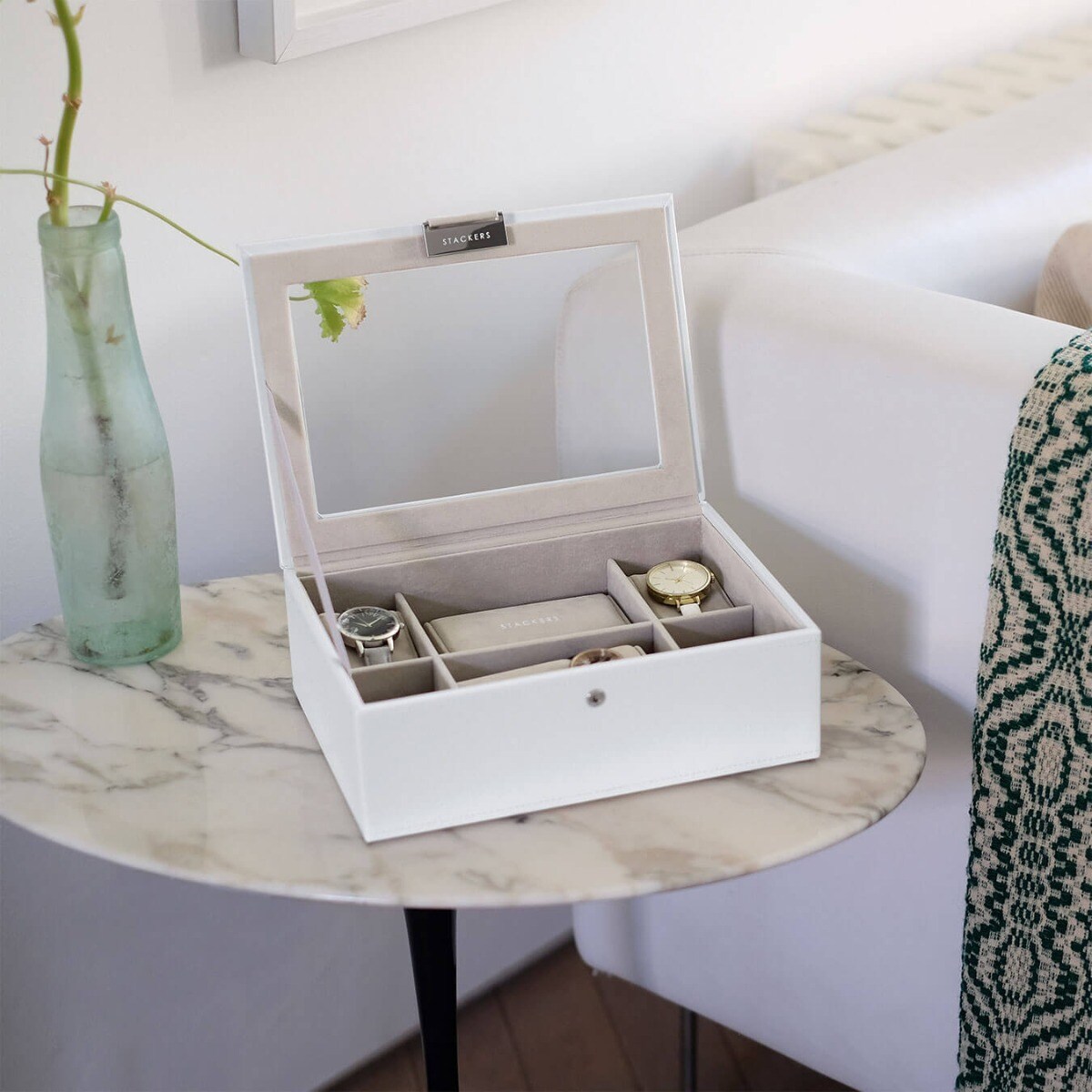 Pudełko na zegarki ze szklaną pokrywką Stackers biało-beżowe