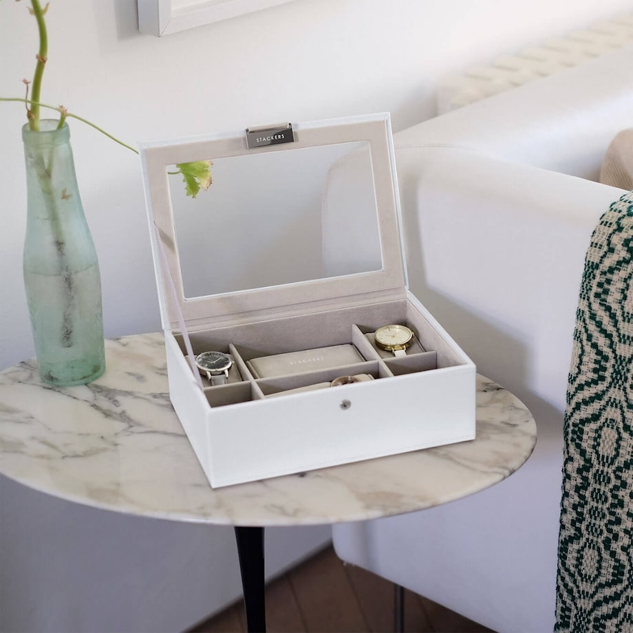 Pudełko na zegarki ze szklaną pokrywką Stackers biało-beżowe