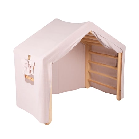 MeowBaby® Duży Domek z drabinką dla dzieci 112x61x94 cm składaną do pokoju. Drewno, Len, Wiskoza, Różowy Domek, Naturalna drabinka